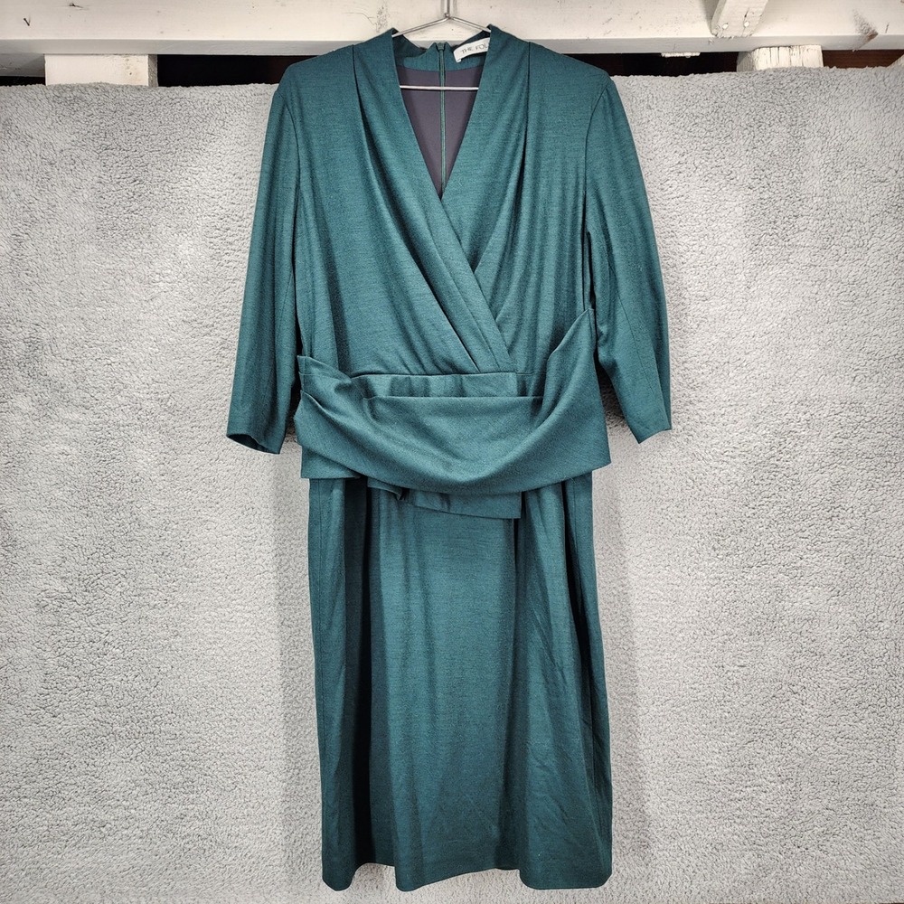 The Fold‎ London Teal Green Virgin Wool Draped Waist Midi Dress US 12 UK 16